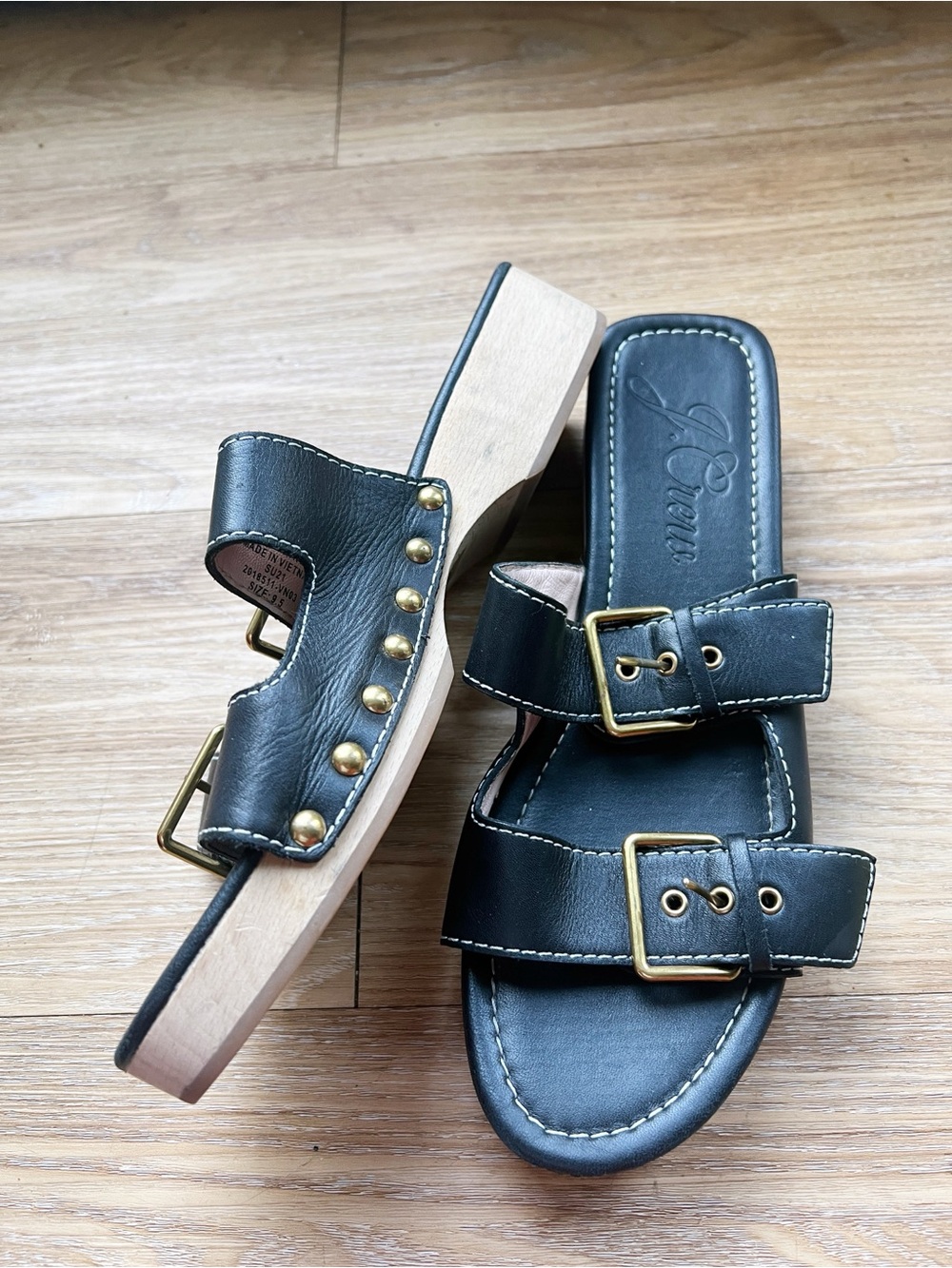 J. Crew Black Leather Double-Buckle Slide Sandals with Gold Studs